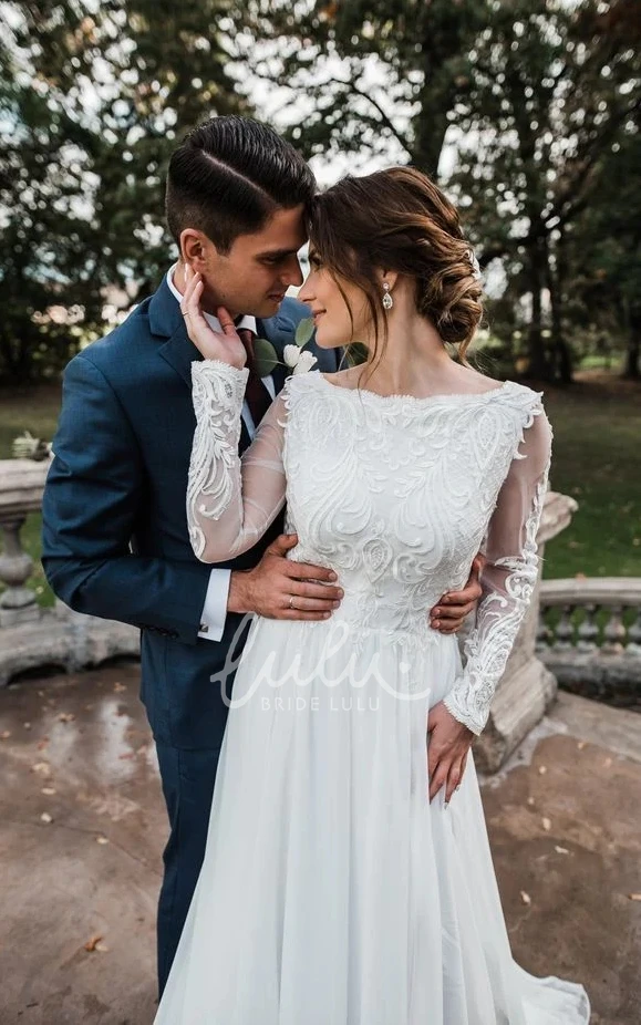 Vintage 1920s Wedding Dress Long Sleeve Sheath Chiffon Floor-length with Lace Deep-V Back