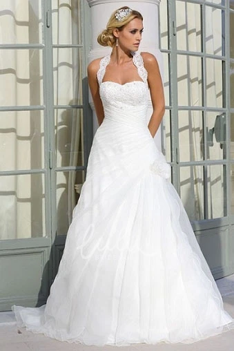 Halter A-Line Tulle Wedding Dress Sleeveless Floor-Length Flower and Draping