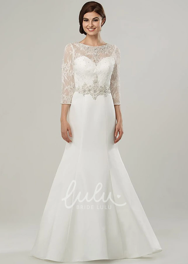 Satin Wedding Dress with Appliqued Scoop Neck & Sweep Train Maxi Length