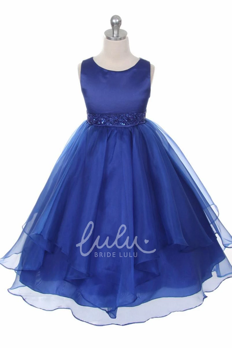 Tiered Sequins&Organza Flower Girl Dress With Sash Tea-Length