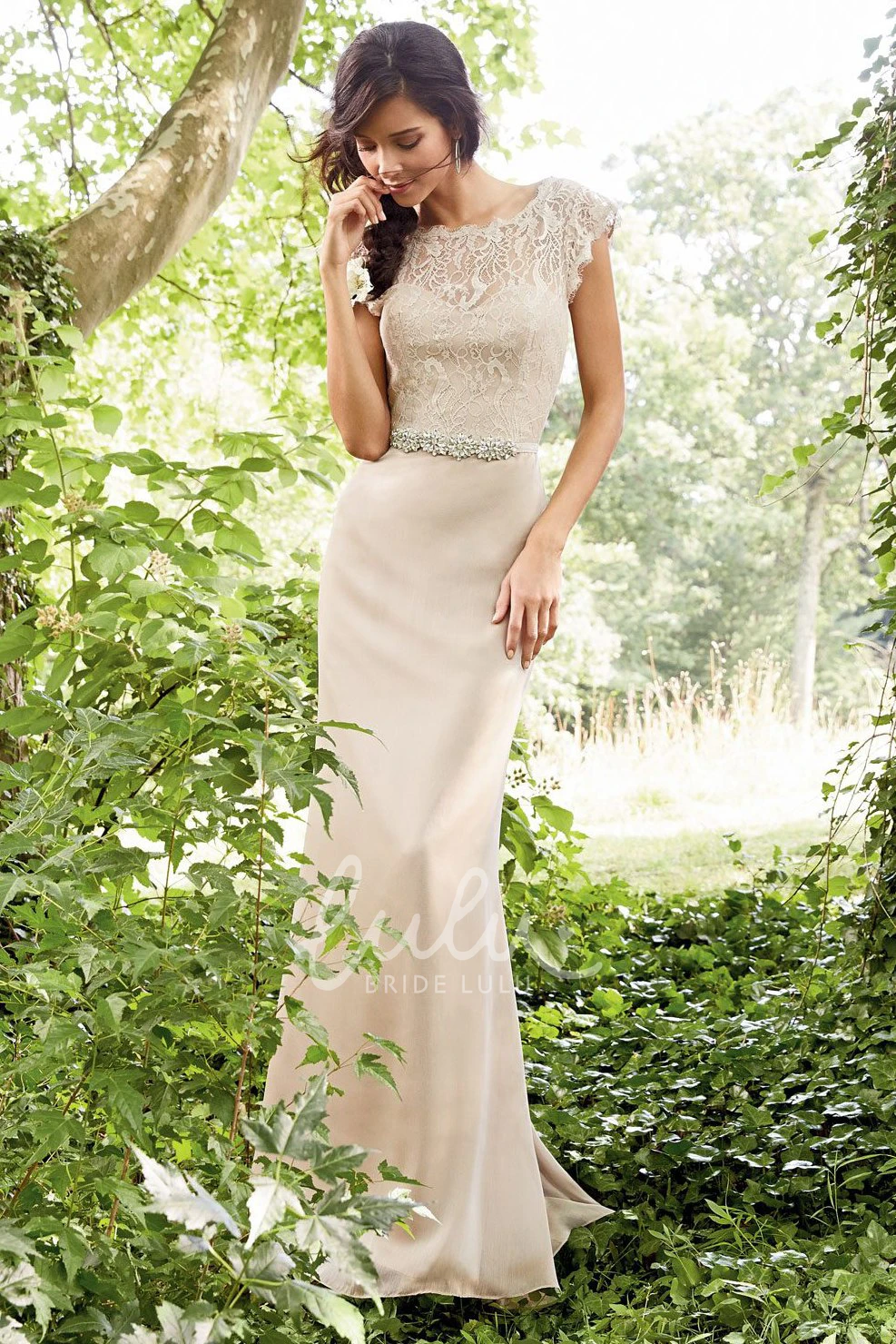 Lace Chiffon Sheath Bridesmaid Dress with Cap Sleeves and Bateau Neck