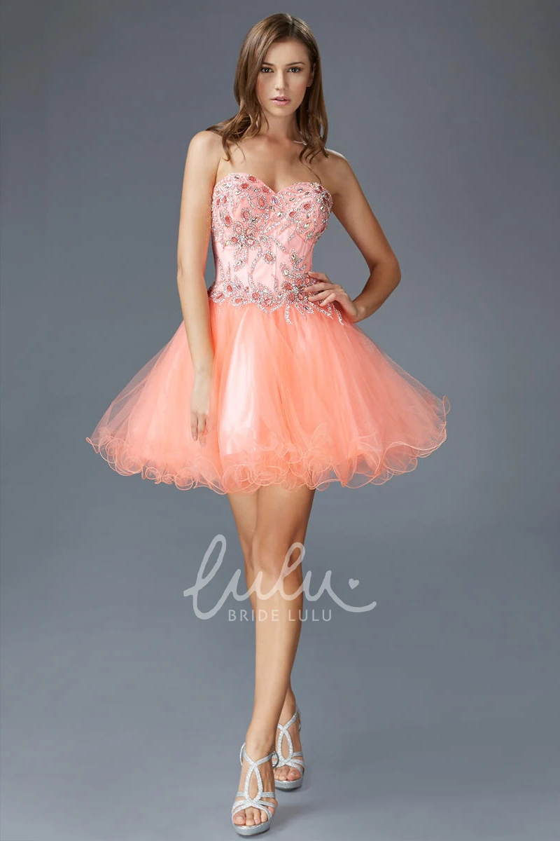 Short A-Line Sweetheart Tulle Satin Dress with Beading for Prom
