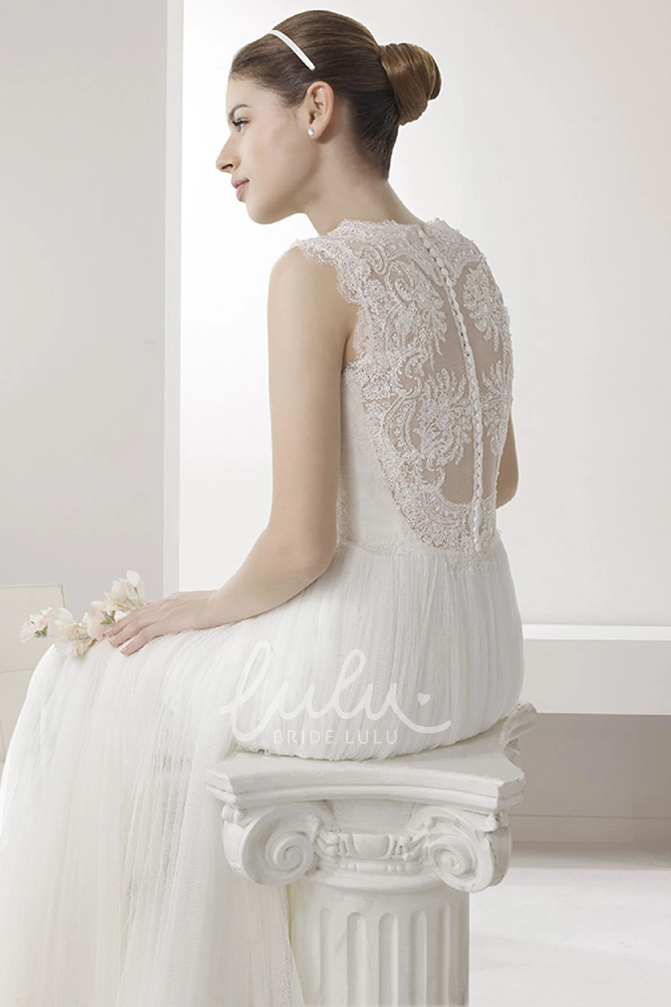Lace Bodice Tulle Wedding Dress with High Neckline Elegant Bridal Gown