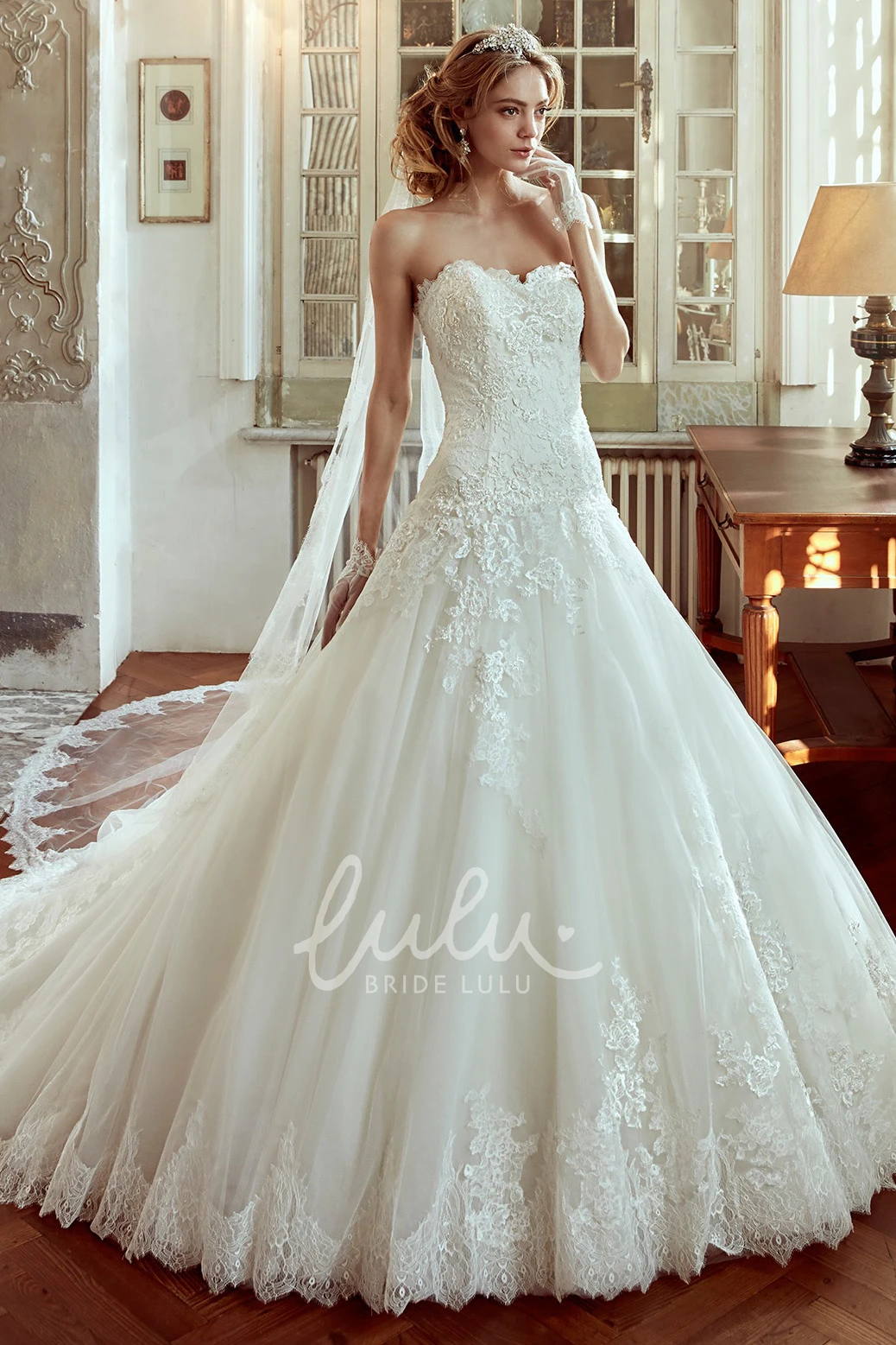 A-line Wedding Dress with Brush Train and Appliqued Bodice Sweetheart Classic