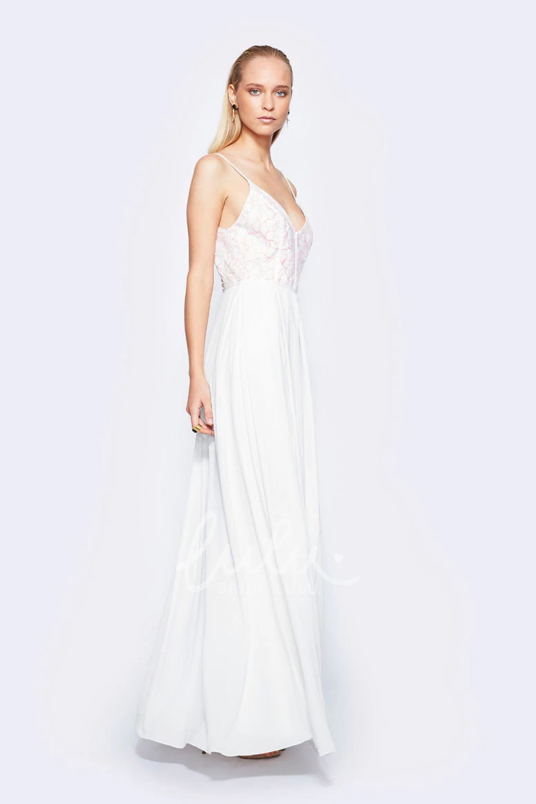 V-Back Spaghetti Lace Chiffon Wedding Dress in Ankle-Length
