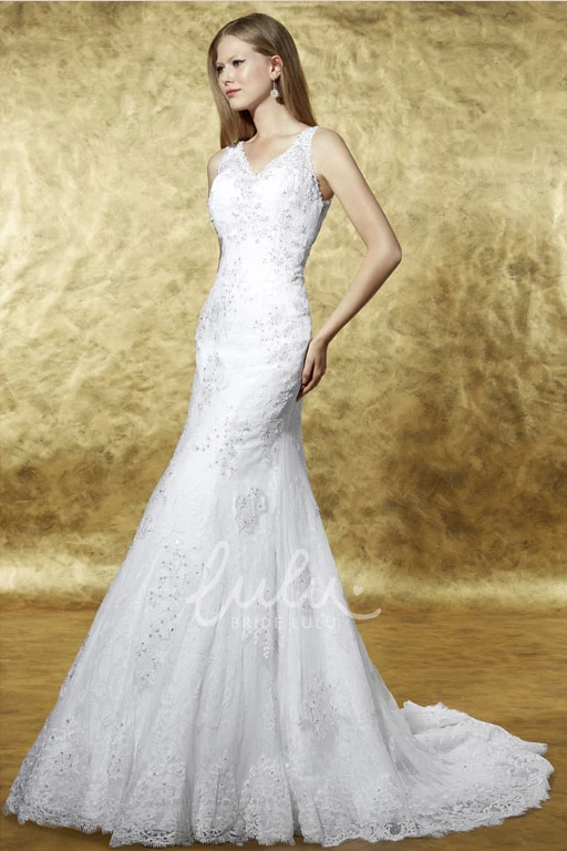 Sleeveless Mermaid Lace Wedding Dress with V-Neck Keyhole Back and Beading in Floor-Length