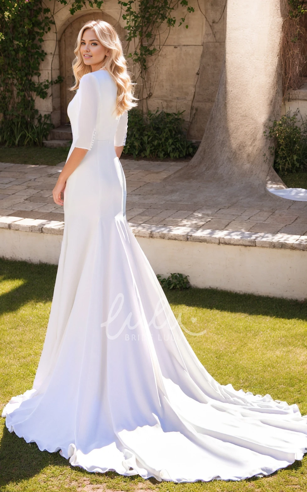 Romantic Casual Mermaid Half Sleeve Floor-Length Wedding Dress Sexy Elegant Plunging V-Neck Chiffon Bridal Gown