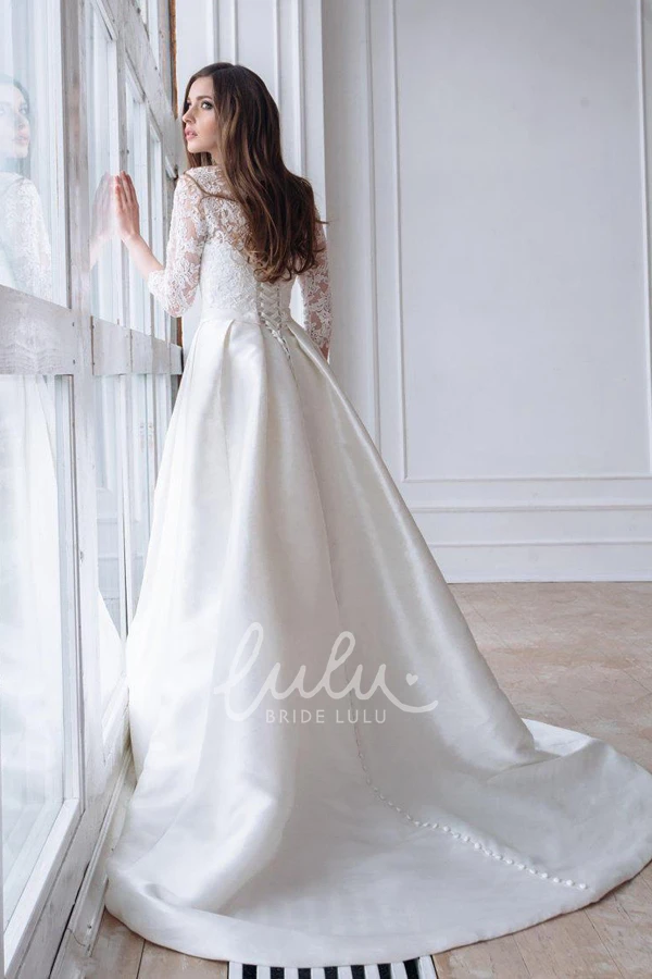 Satin A-line Wedding Dress with Lace Sleeves and Corset Back