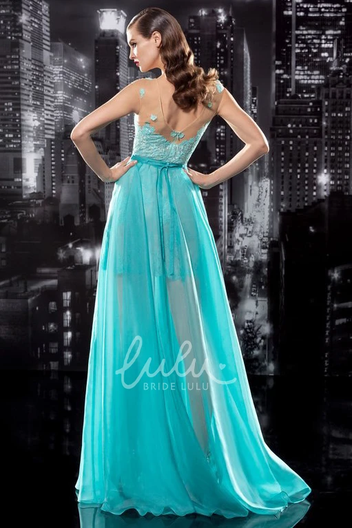 Long Chiffon Scoop-Neck Cap-Sleeve Bridesmaid Dress with Lace Pleats and Low-V Back