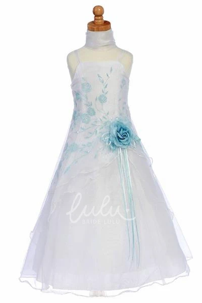 Ankle-Length Organza Flower Girl Dress with Floral Cape and Spaghetti Straps