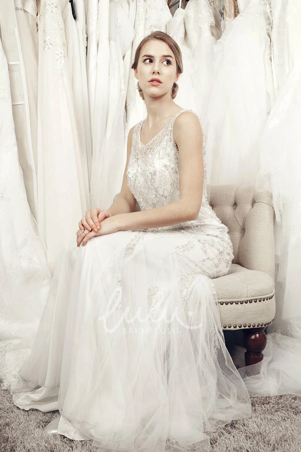 Sleeveless V-Neck Tulle Beaded Wedding Dress