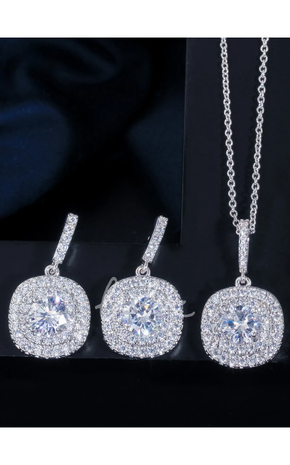 Elegant Square Shape Multiple Color Rhinestone Necklace and Earrings Jewelry Set