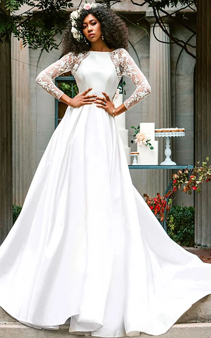 Satin Lace A-Line Warm Wedding Dress with Ruching Classic and Timeless Bridal Gown