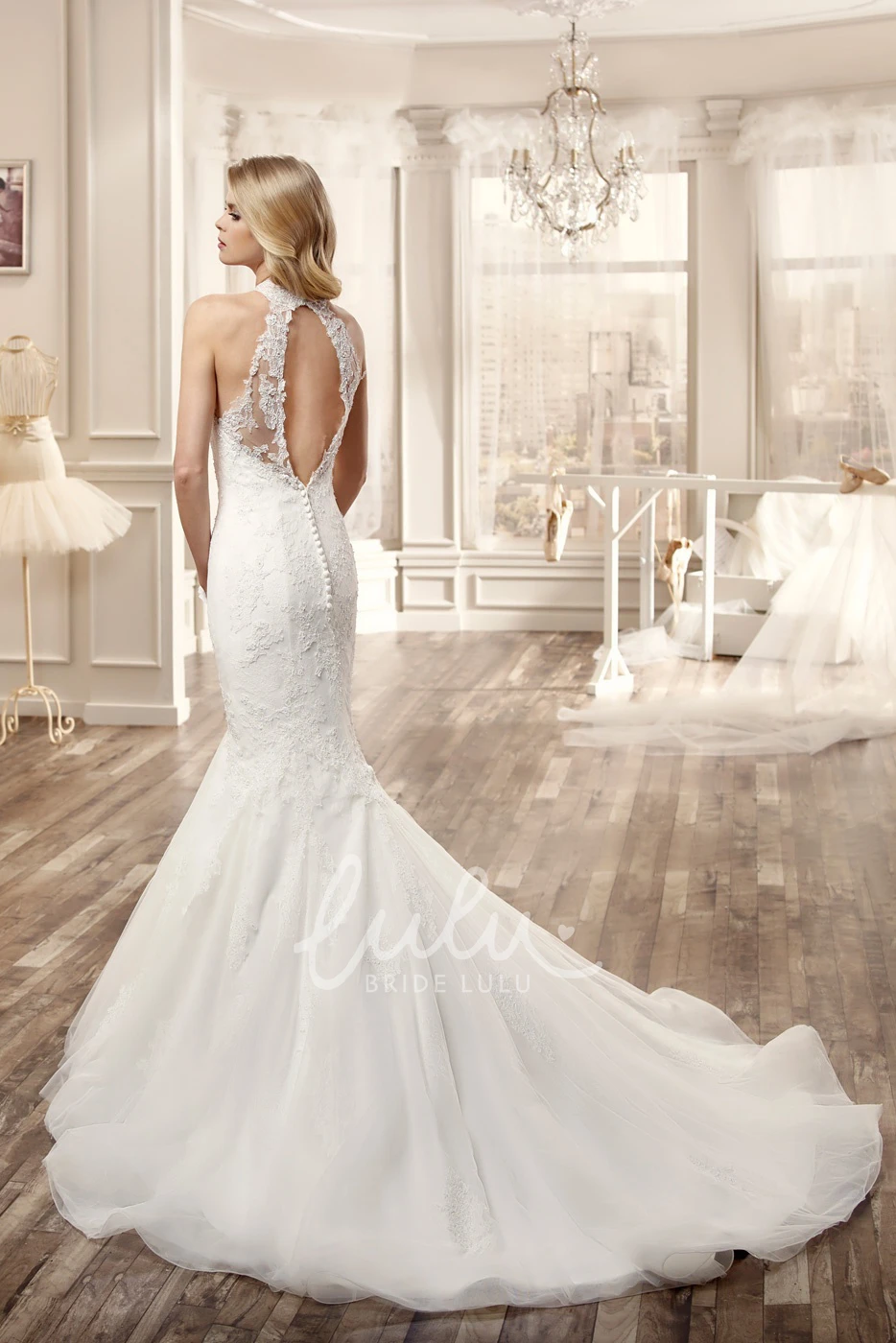 Lace Mermaid Wedding Dress with High Neckline and Keyhole Back Elegant Bridal Gown