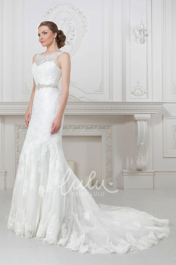 Sleeveless Satin Bateau-Neck Mermaid Wedding Dress with Waist Jewelry