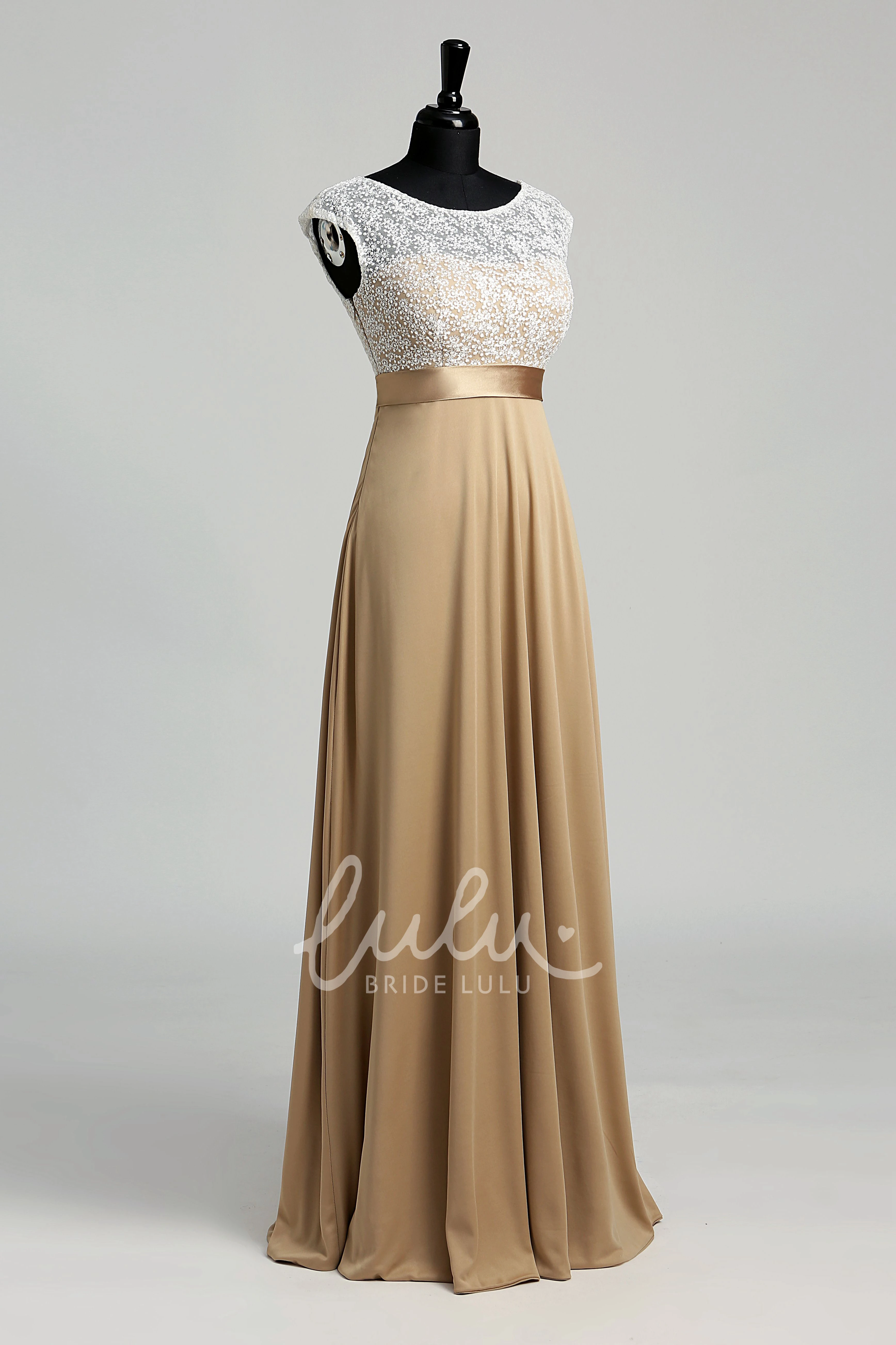Lace A-line Short Sleeve Bridesmaid Dress with Sash and Bateau Neckline