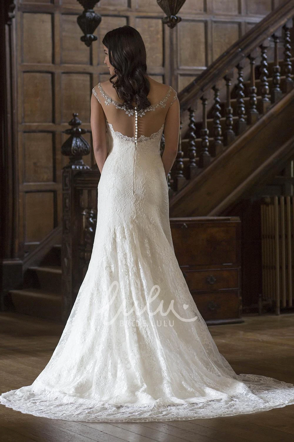 Appliqued Lace A-Line Wedding Dress with Beading Floor-Length and Scoop Neck