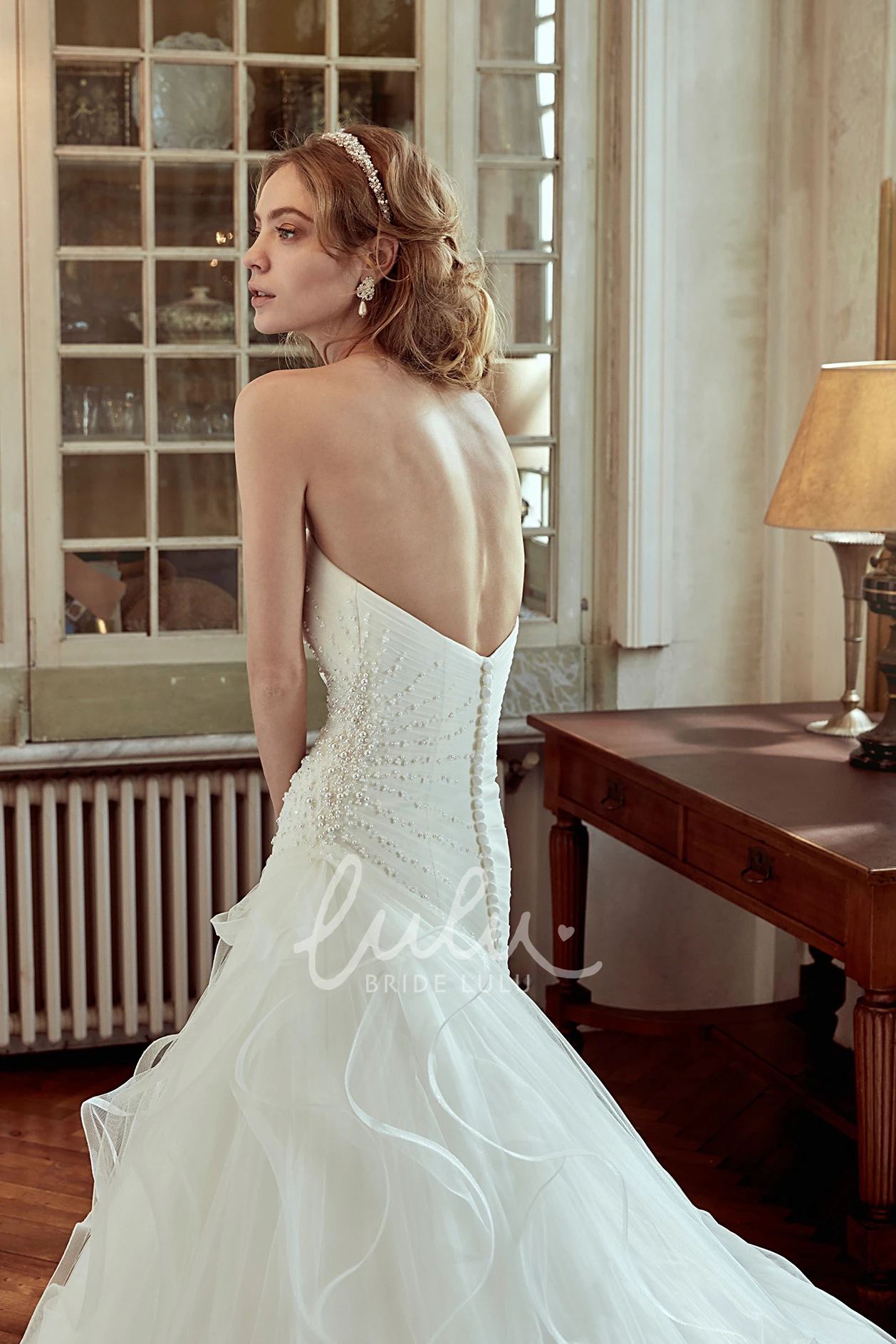Pearl Embellished Strapless Wedding Dress with Side Draping
