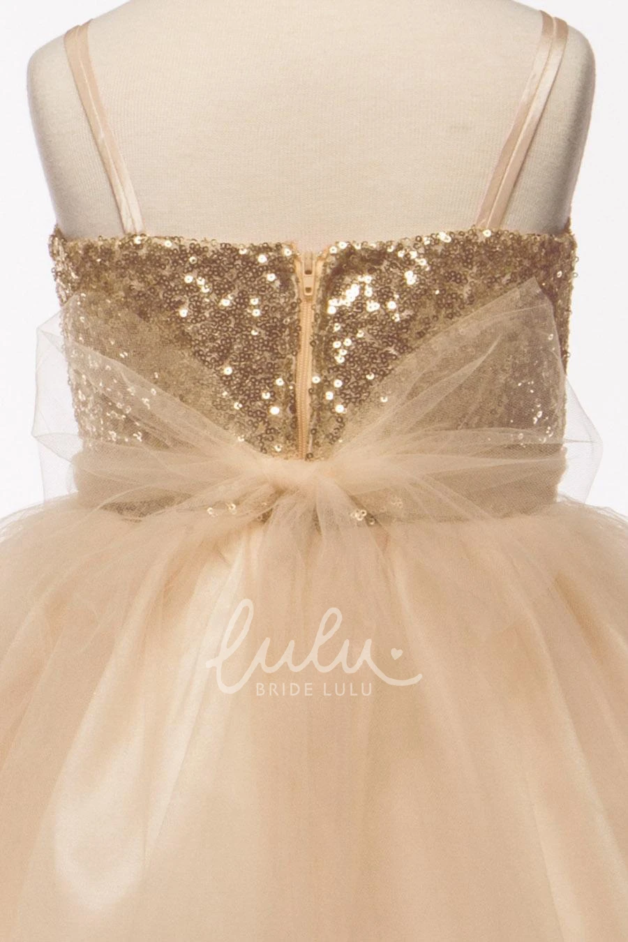 Knee-Length Flower Girl Dress Spaghetti Tulle&Sequins