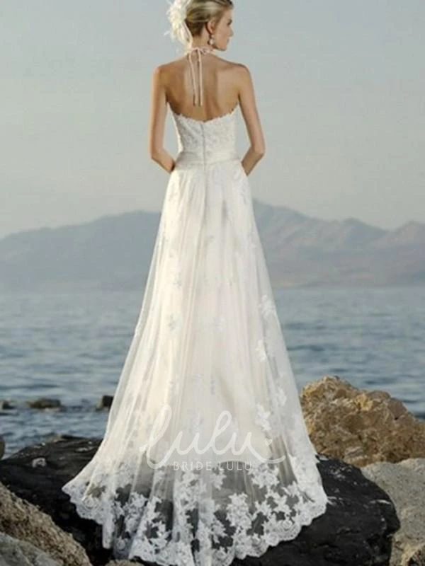 Halter Sleeveless Lace Wedding Dress with Court Train Sheath Column Bridal Gown