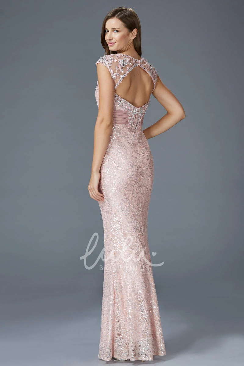 Lace Cap-Sleeve Scoop-Neck Bridesmaid Dress Sheath Long Keyhole Applique