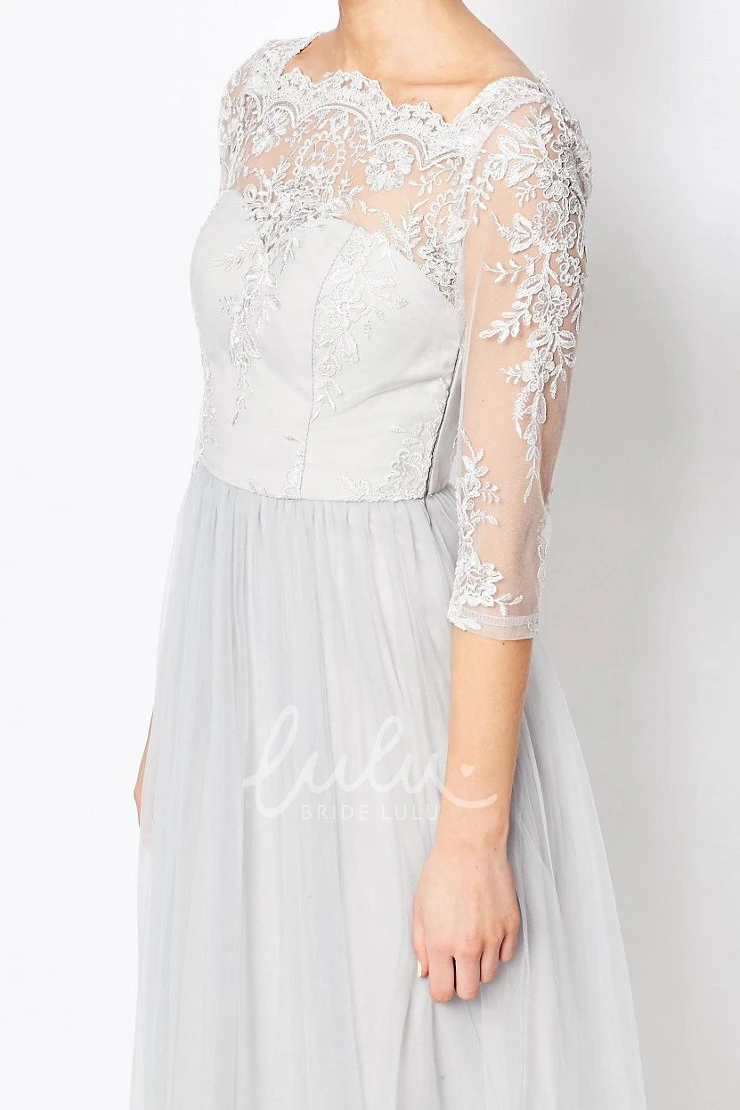 Appliqued Tulle Bridesmaid Dress with Half Sleeve and Bateau Neck