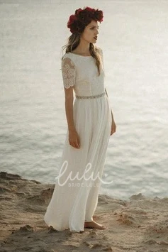 Bateau Sheath Bridal Gown with Short Sleeve and Lace Open Back Boho Wedding Dress