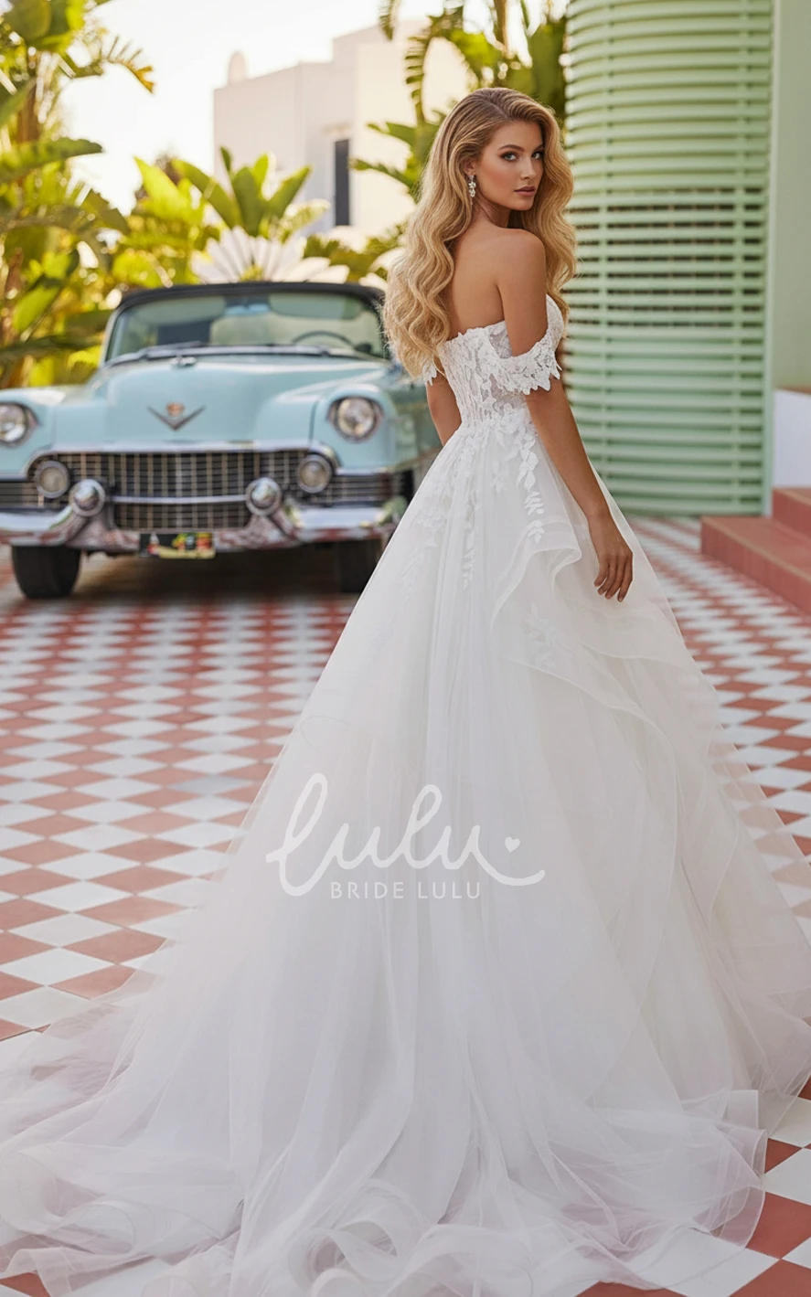 Lace Applique Wedding Dress A-Line Off Shoulder Illusion Plunge Neck Tulle Bridal Gown Elegant Court Train
