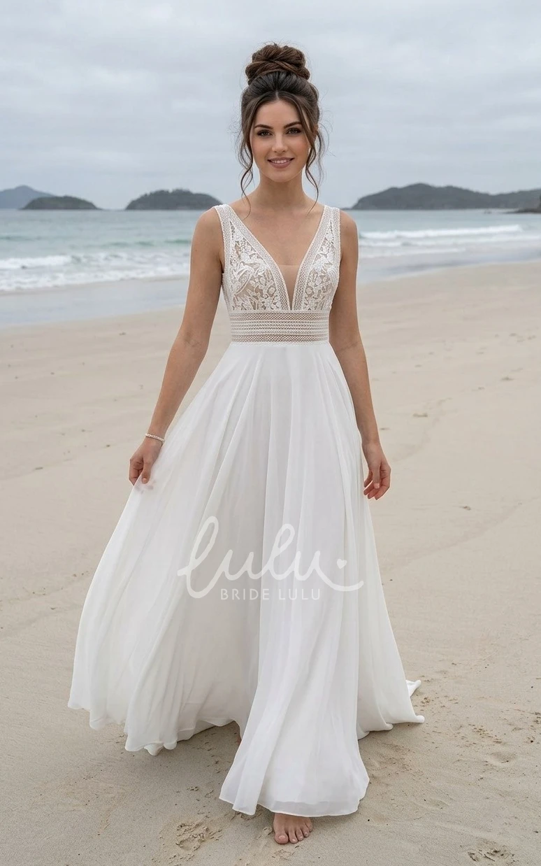 Boho A-Line V Neck Chiffon Summer Wedding Dress Beach without Sleeves