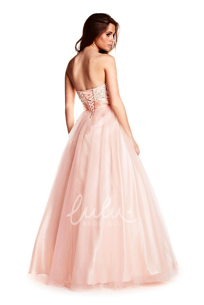 Maxi A-Line Tulle and Satin Prom Dress with Beaded Bodice and Strapless Design