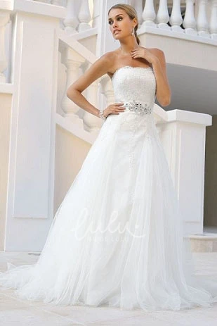 Tulle Strapless A-Line Wedding Dress with Waist Jewelry