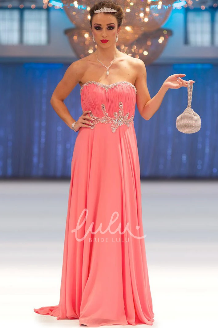 A-Line Ruched Sweetheart Chiffon Prom Dress With Beading Long Flowy Dress