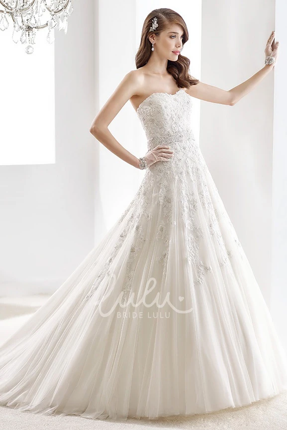 A-line Appliques Strapless Wedding Gown with Brush Train and Crystal Waist Simple Wedding Dress Women's Elegant