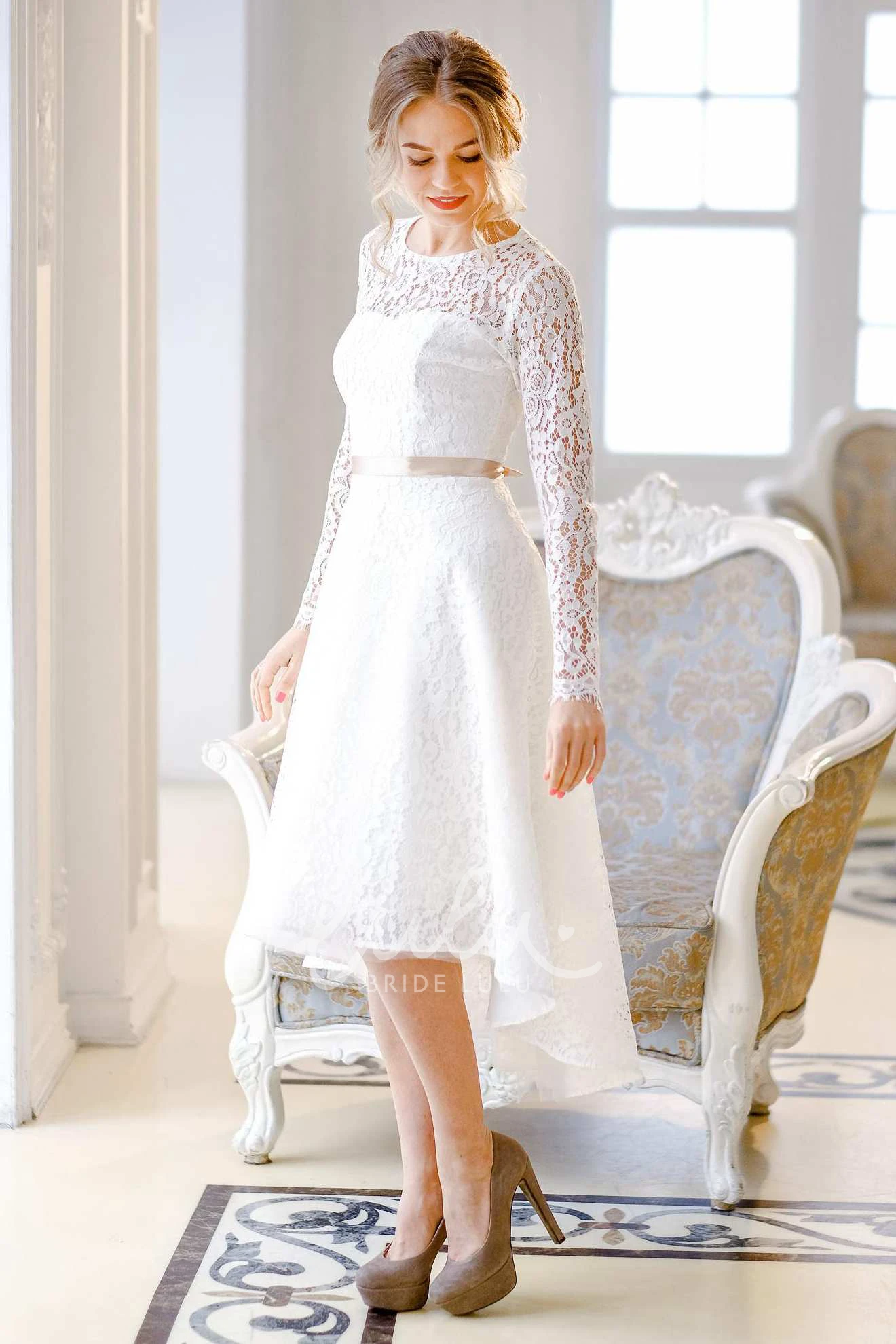 Satin Lace Knee-Length Wedding Dress with Corset Back Short & Elegant