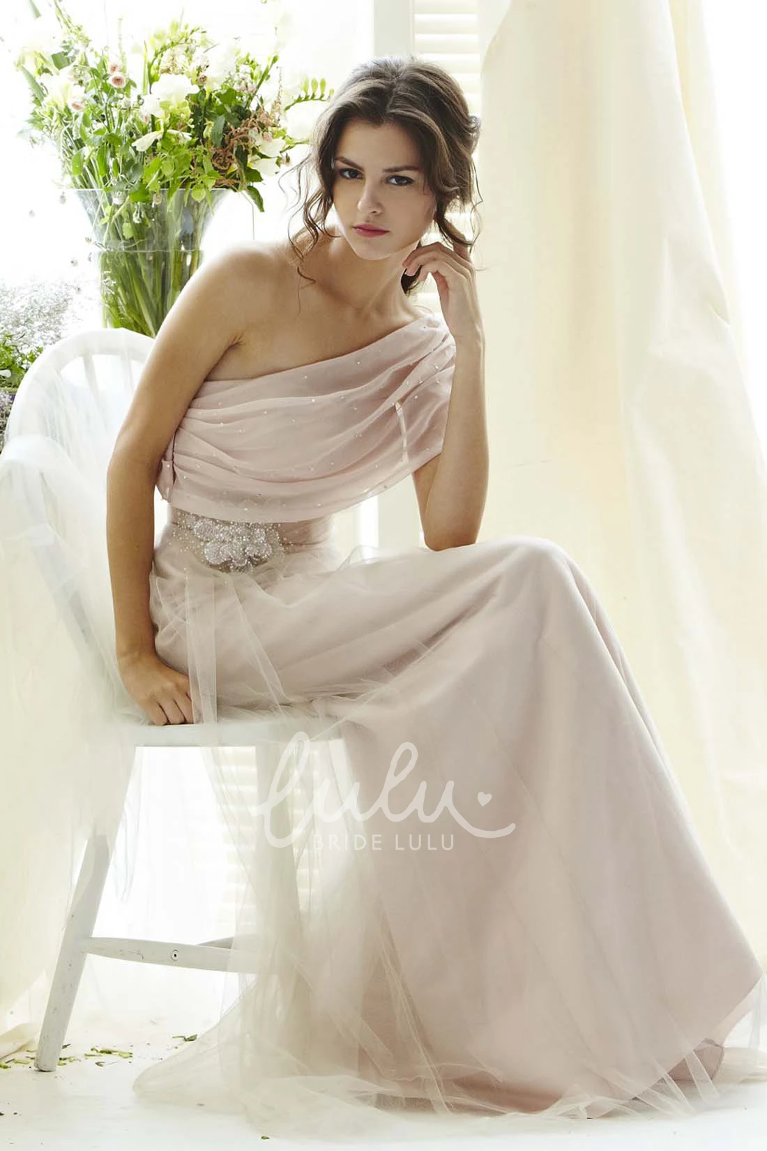 One-Shoulder Jeweled Sleeveless Tulle Prom Dress Flowy Prom Dress