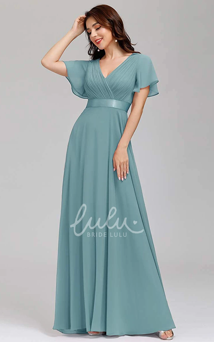 Romantic Chiffon V-neck A-line Prom Evening Dress with Ruffles and Short Sleeves Bridesmaid Dress