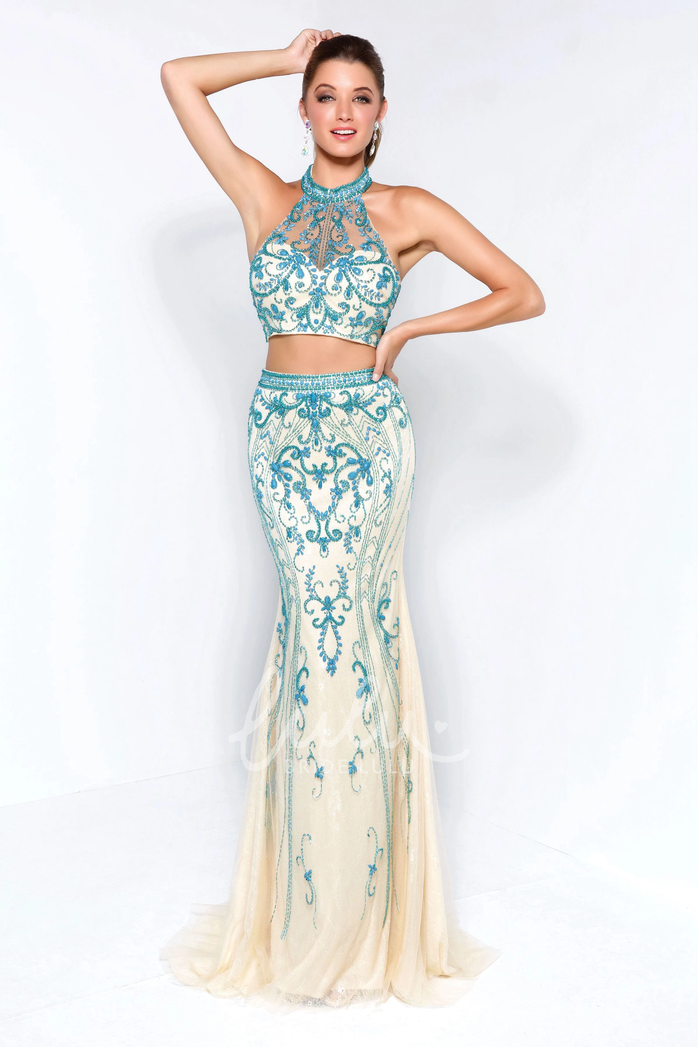 Lace High Neck Sleeveless Sheath Formal Dress with Beading and Pleats