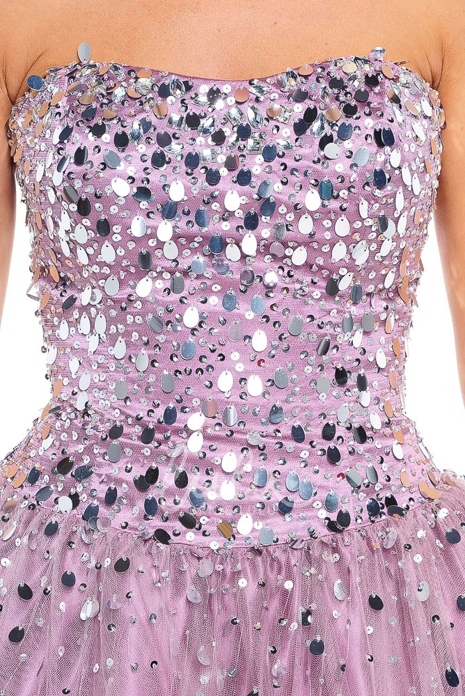 Sequined Tulle Strapless Prom Dress Ball Gown Style with Beading and Bow
