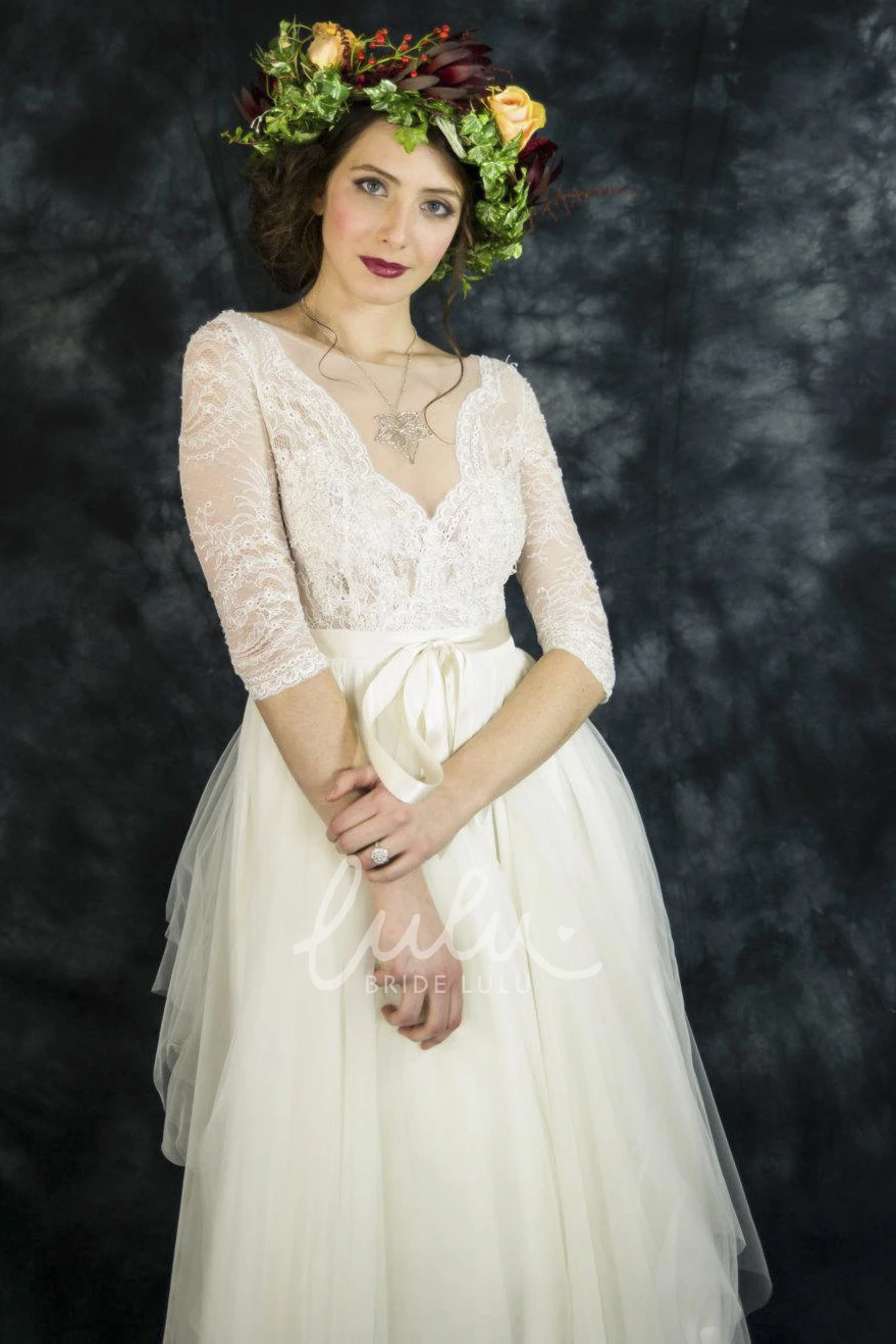 Bow Draping Vintage Half Sleeve Tulle Lace Wedding Dress