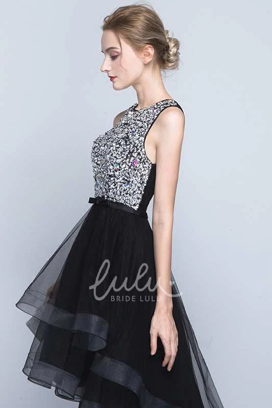 Sleeveless Jewel Neck Organza Dress with Beaded Bodice and High Low Hem Classy Bridesmaid Dress