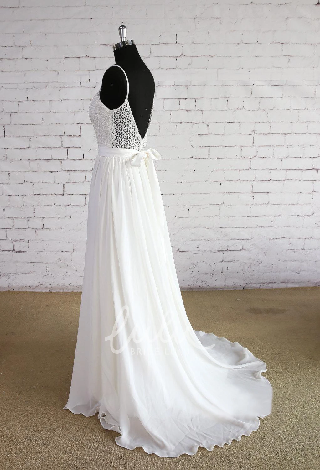Chiffon A-Line Wedding Dress with Lace Bodice and Spaghetti Straps