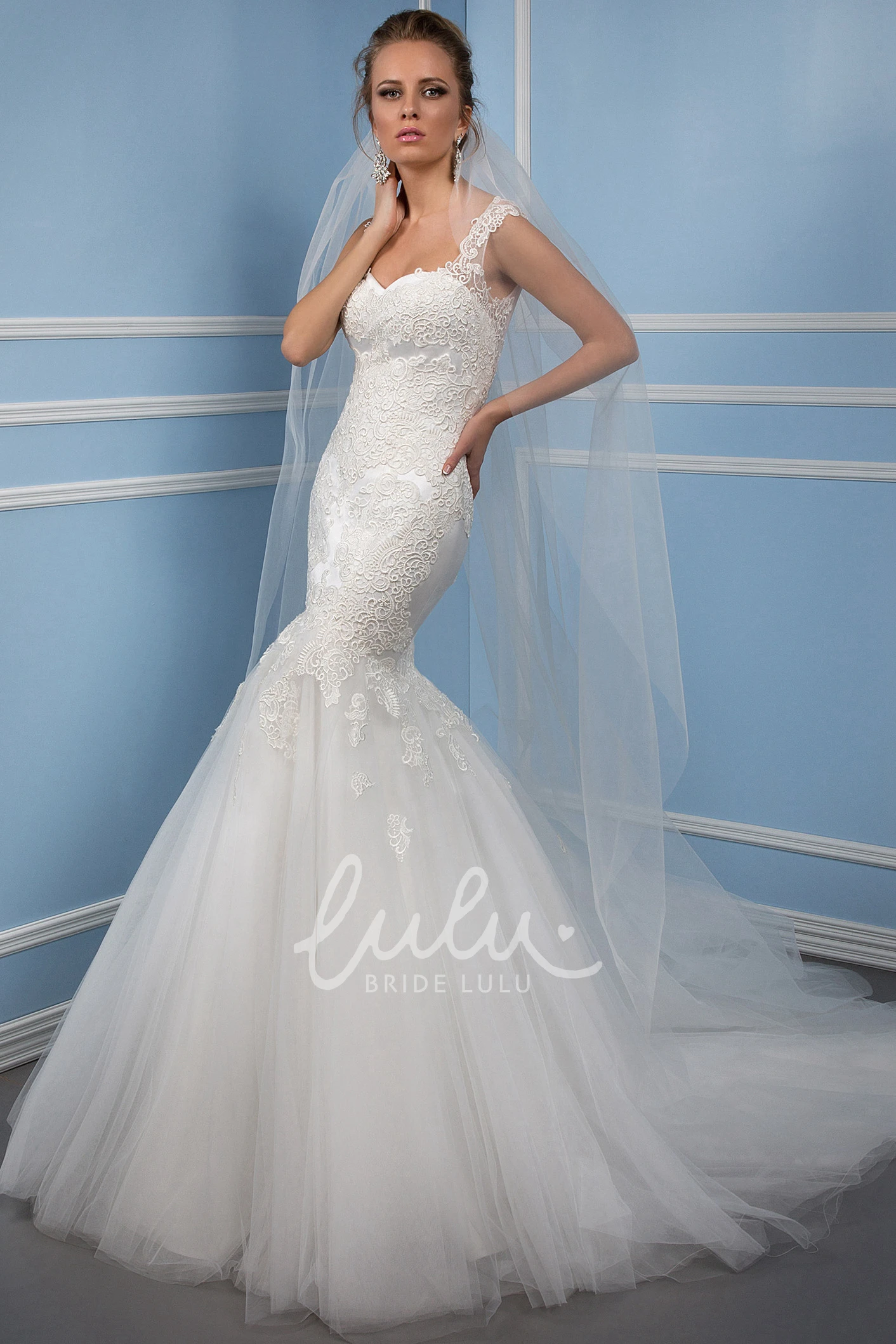 Trumpet Illusion Back Tulle Wedding Dress with Appliques and Court Train Unique Bridal Gown