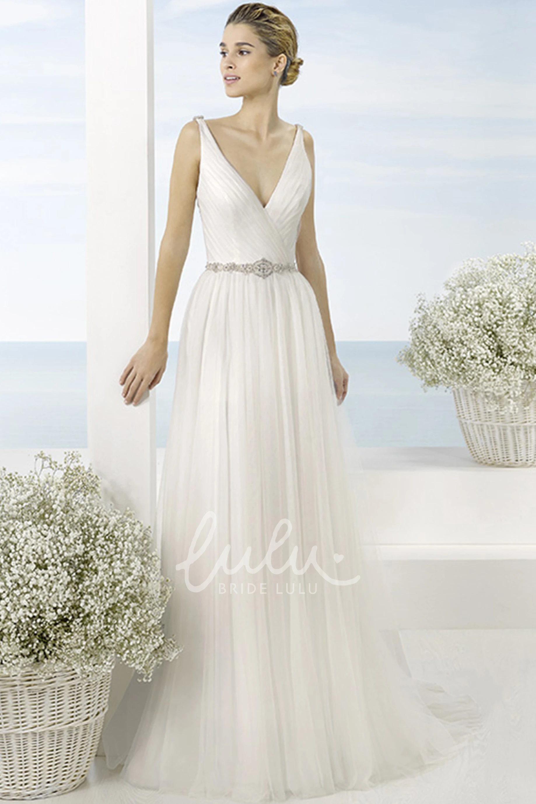 V-Neck Ruched Tulle Wedding Dress with Waist Jewelry and Low-V Back A-Line Wedding Dress