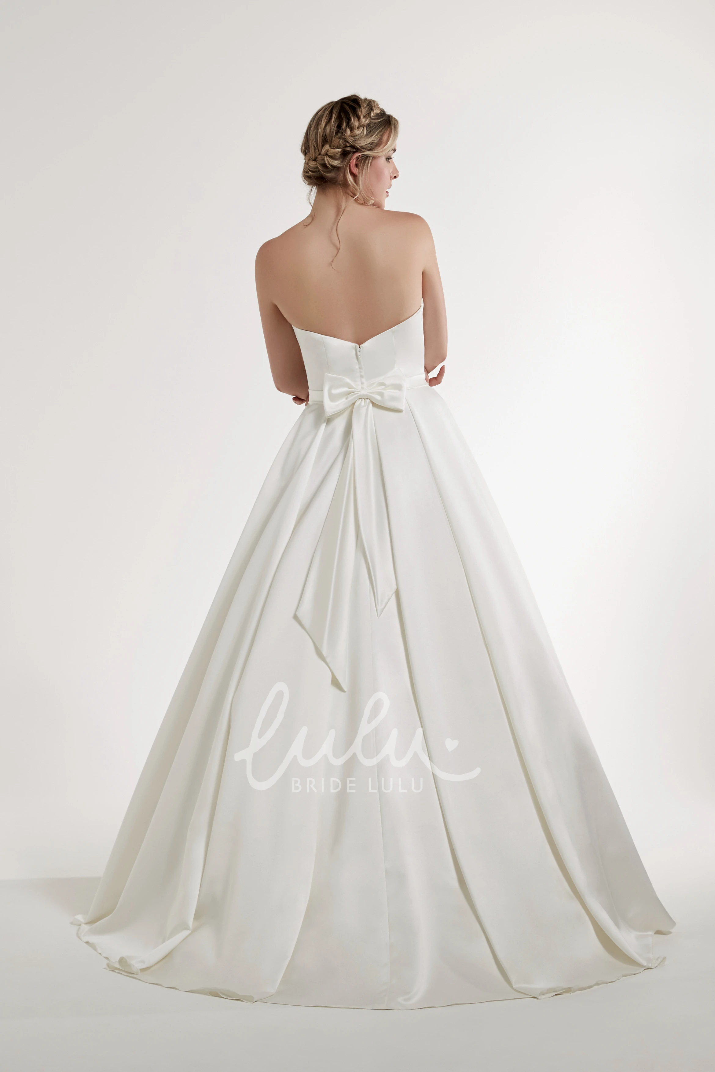 Strapless Satin Wedding Dress with Jeweled Bodice Bow and Backless Style Ball-Gown