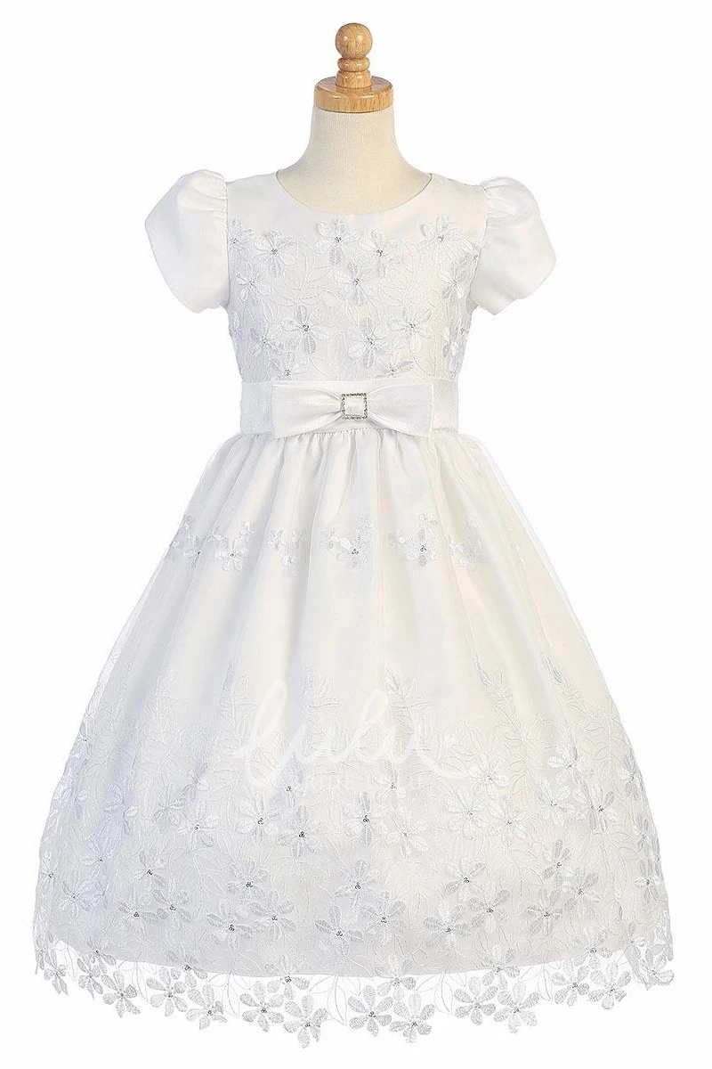 Sequin Bow Tiered Organza Flower Girl Dress in Tea-Length