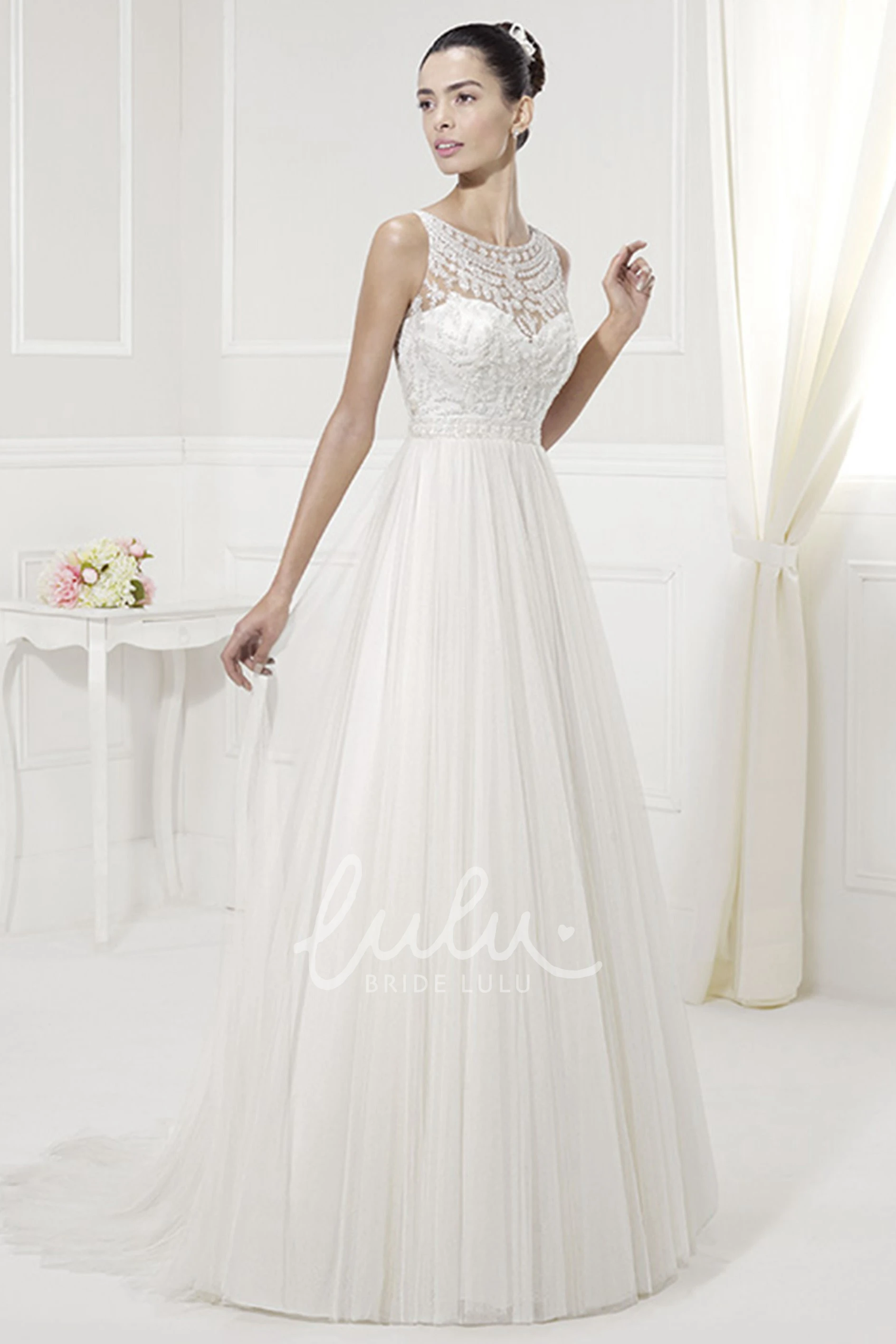 Appliqued Jewel Neckline Pleated Tulle Bridal Gown in A-Line Style