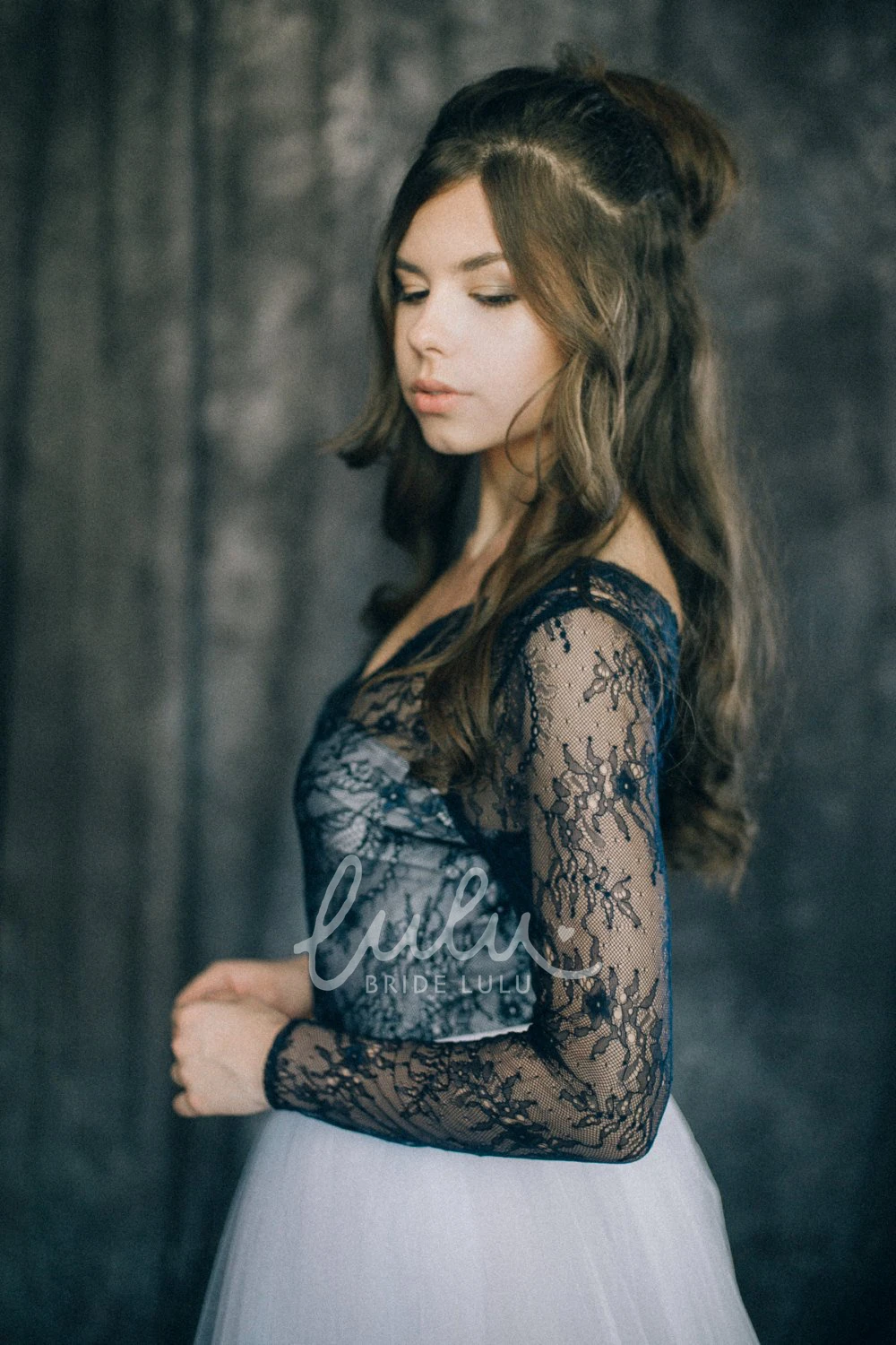 Long Sleeve Black Lace Sheath Wedding Dress V-neck Illusion Back Low-V Floor-length