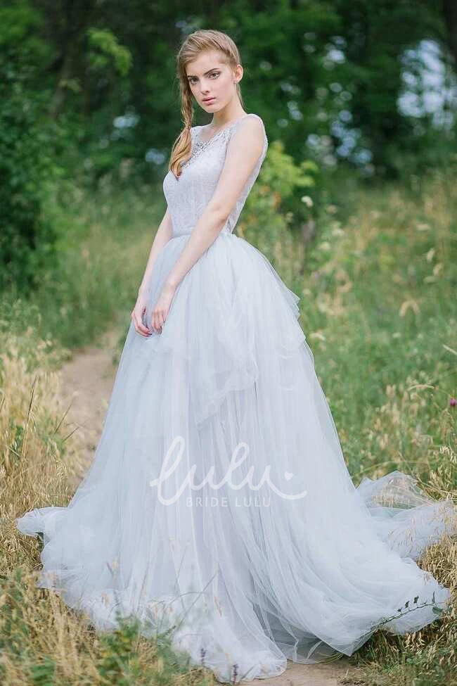 Modest Princess A-Line Short Sleeve Boho Lace Tulle Floor Wedding Dress Western Modern Ball Gown with Train