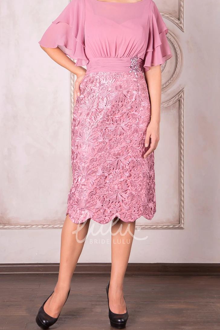 Poet Sleeve Chiffon Knee-Length Mother Of The Bride Dress with Applique