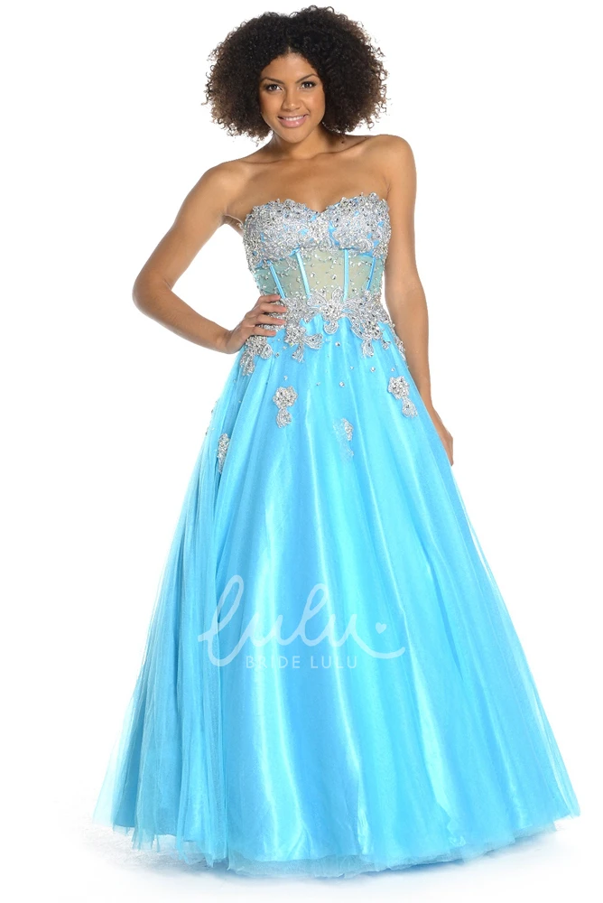 Sweetheart A-Line Beaded Tulle&Satin Prom Dress with Pleats Floor Length